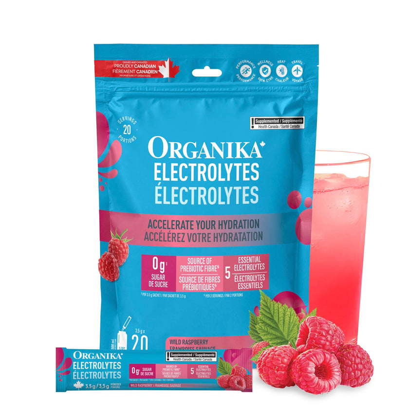 Organika Canadian-Made Electrolytes Powder with Vitamin C & Prebiotic Fibre - Sugar-Free Hydration Drink Mix - Wild Raspberry - 20 Single-Serve Sachets x 3.5g 🍁 All In One Marketplace Canada