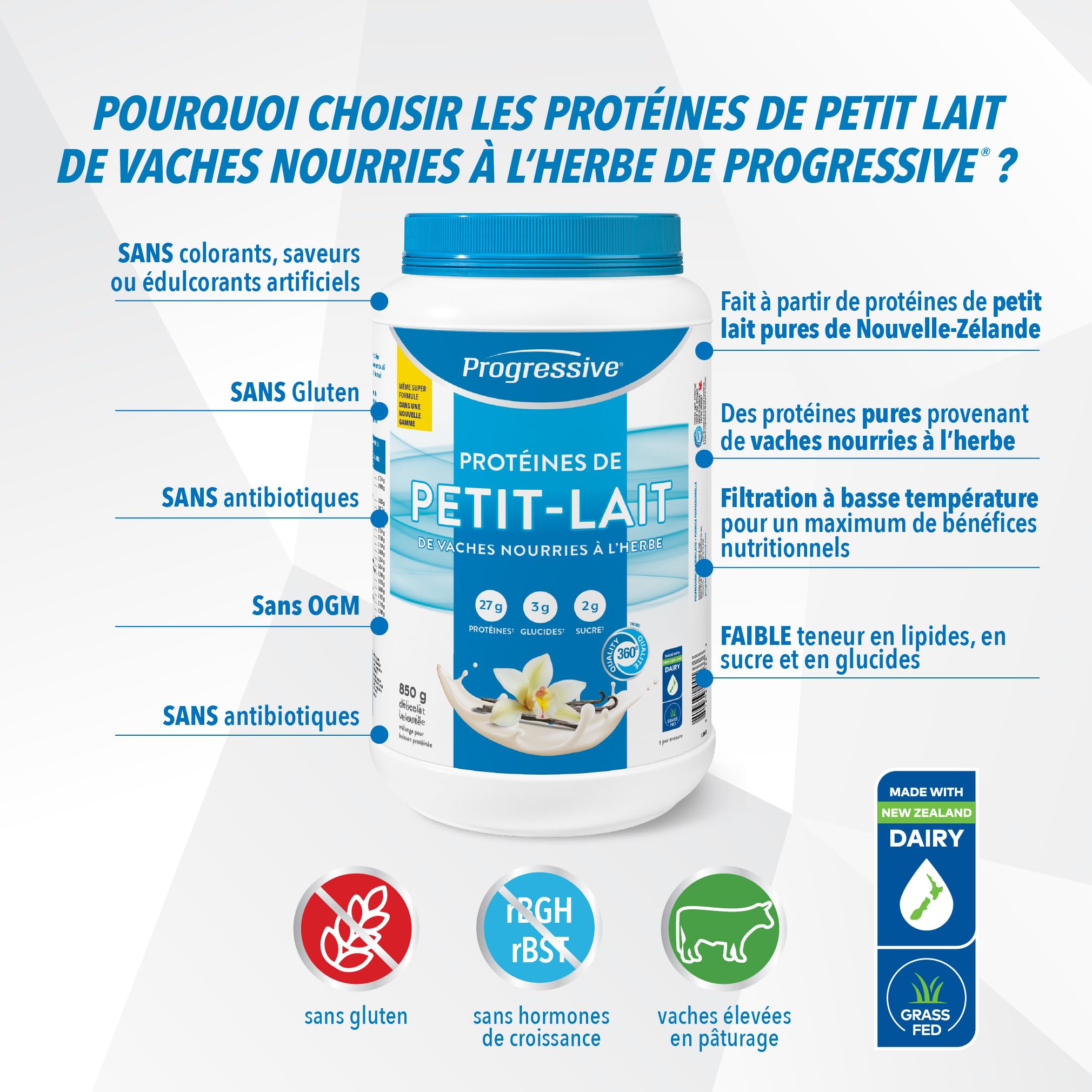 Progressive Grass-Fed 100% Whey Protein Powder Vanilla, 27g of New Zealand Whey Concentrate per Scoop for Muscle Gain, Pasture-Raised, Non-GMO, Canadian-Made Antibiotic-free, Hormone-free, 850 g 🍁 All In One Marketplace Canada