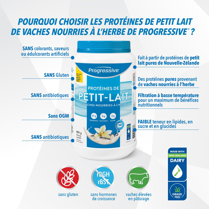 Progressive Grass-Fed 100% Whey Protein Powder Vanilla, 27g of New Zealand Whey Concentrate per Scoop for Muscle Gain, Pasture-Raised, Non-GMO, Canadian-Made Antibiotic-free, Hormone-free, 850 g 🍁 All In One Marketplace Canada