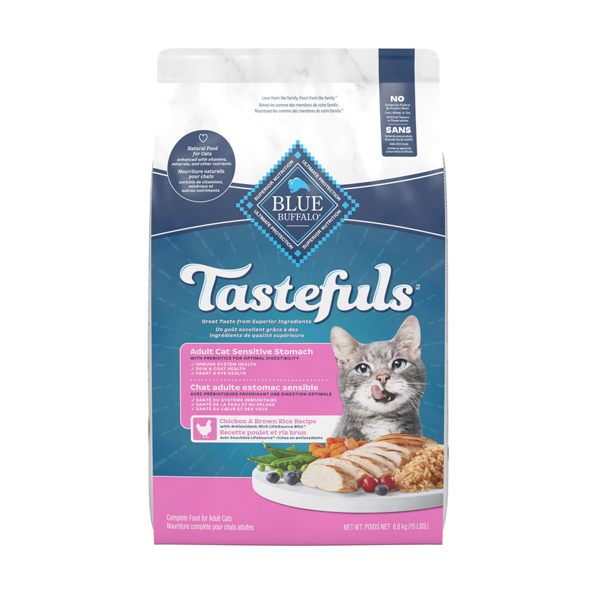 Blue Buffalo Tastefuls Chicken & Brown Rice Recipe Sensitive Stomach Adult Dry Cat Food, Real Chicken First, Deliciously Healthy Natural Cat Food, Natural Ingredients, Supports Digestion, 6.8kg Bag 🍁 All In One Marketplace Canada