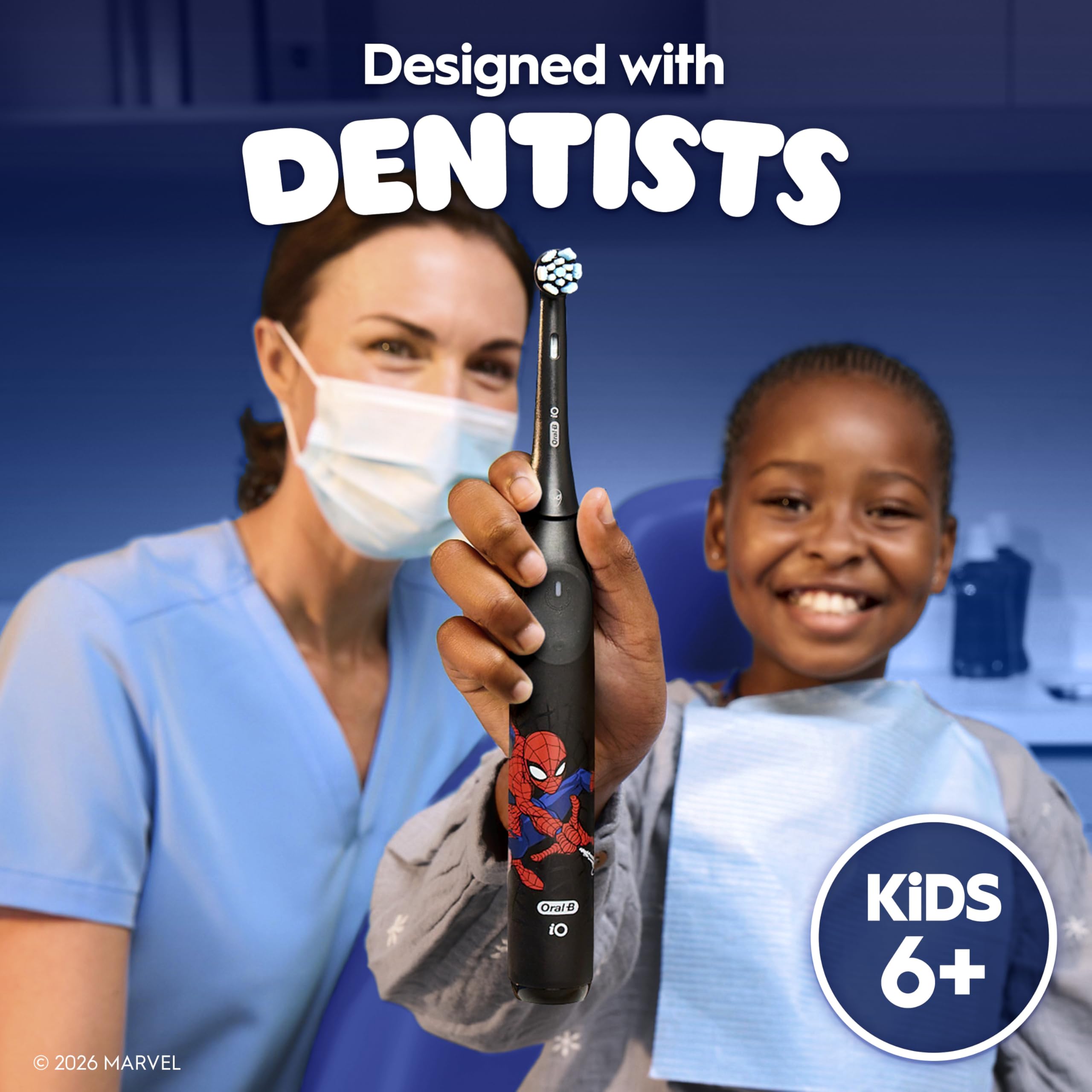 Oral-B iO Kids Limited Rechargeable Electric Powered Toothbrush, Spiderman with 1 Gentle Care Brush Head - Automatic Pressure Sensor to Protect Gums - 3 Cleaning Settings - 2 Min Music Timer - Travel Case - 28 Day Battery Life