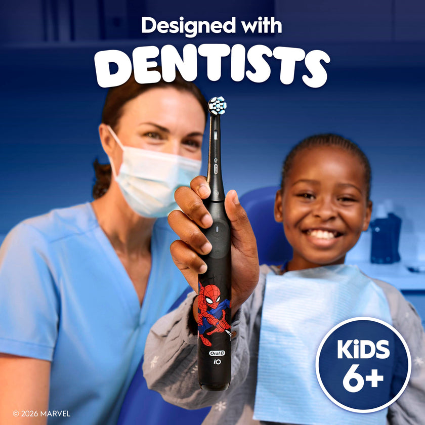 Oral-B iO Kids Limited Rechargeable Electric Powered Toothbrush, Spiderman with 1 Gentle Care Brush Head - Automatic Pressure Sensor to Protect Gums - 3 Cleaning Settings - 2 Min Music Timer - Travel Case - 28 Day Battery Life