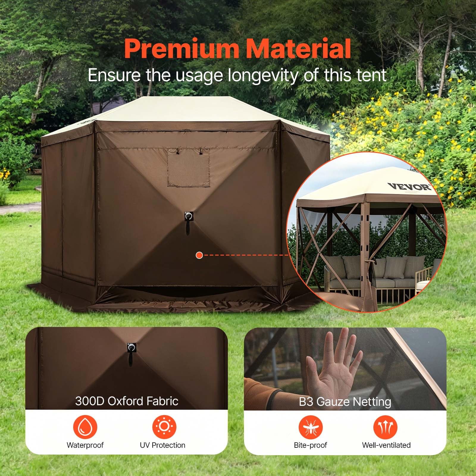 VEVOR Camping Gazebo Tent, 12'x12', 6 Sided Pop-up Canopy Screen Tent for 8 Person Camping, IPX3 Water-Resistant Screen Shelter w/Portable Storage Bag, Ground Stakes, Mesh Windows, Brown & Beige 🍁 All In One Marketplace Canada
