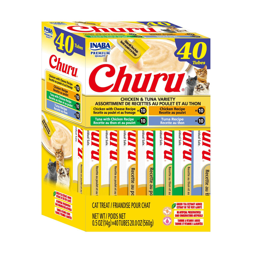 INABA Churu Cat Treats, Lickable, Squeezable Creamy Purée Cat Treat with Green Tea Extract & Taurine, 14g Each Tube, 40 Tubes, Chicken & Tuna Variety 🍁 All In One Marketplace Canada