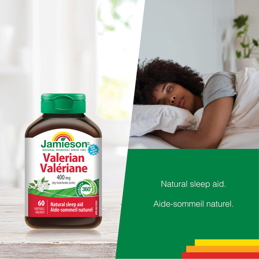 Jamieson Valerian 400 mg, Calming, Melatonin-Free, Natural Herbal-Based Sleep Aid, Reduces Nervousness and Restlessness. Gluten-Free, 60 Softgels, Proudly Canadian 🍁 All In One Marketplace Canada