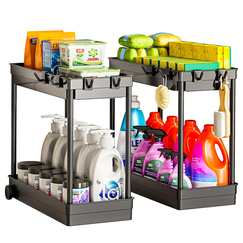 Cicilyna 2 Pack Under Sink Organizer, 2 Tier Bathroom Cabinet Organizers and Storage with Hook, Multi-purpose Storage Basket Shelf for Kitchen, Black 🍁 All In One Marketplace Canada