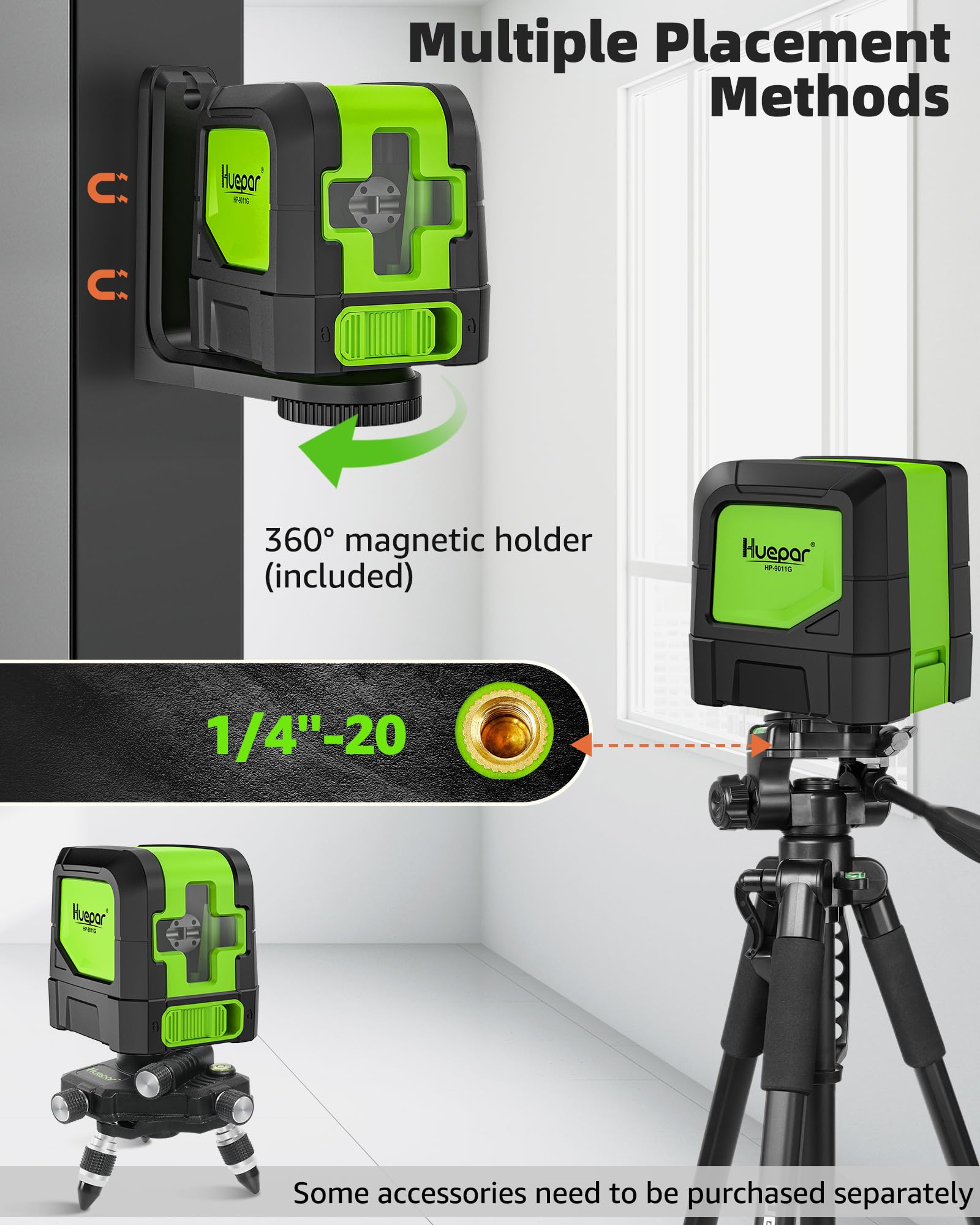 Huepar Laser Level Self Leveling, Classical Cross Line Indoor DIY Use Green Lines, 100Ft Visibility Horizontal and Vertical Line Level, 360° Magnetic Pivoting Base 9011G 🍁 All In One Marketplace Canada