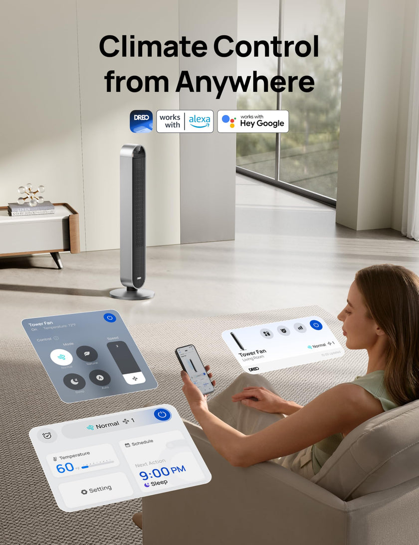 DREO Pilot Max 120° Oscillating Tower Fan, 42 Inch Bladeless Fan for Bedroom, 25dB Quiet DC Motor, Standing Fan with Remote, 12 Hyper Wind Speeds, 4 Modes, 12H Timer Floor Fans for Home Living Room 🍁 All In One Marketplace Canada