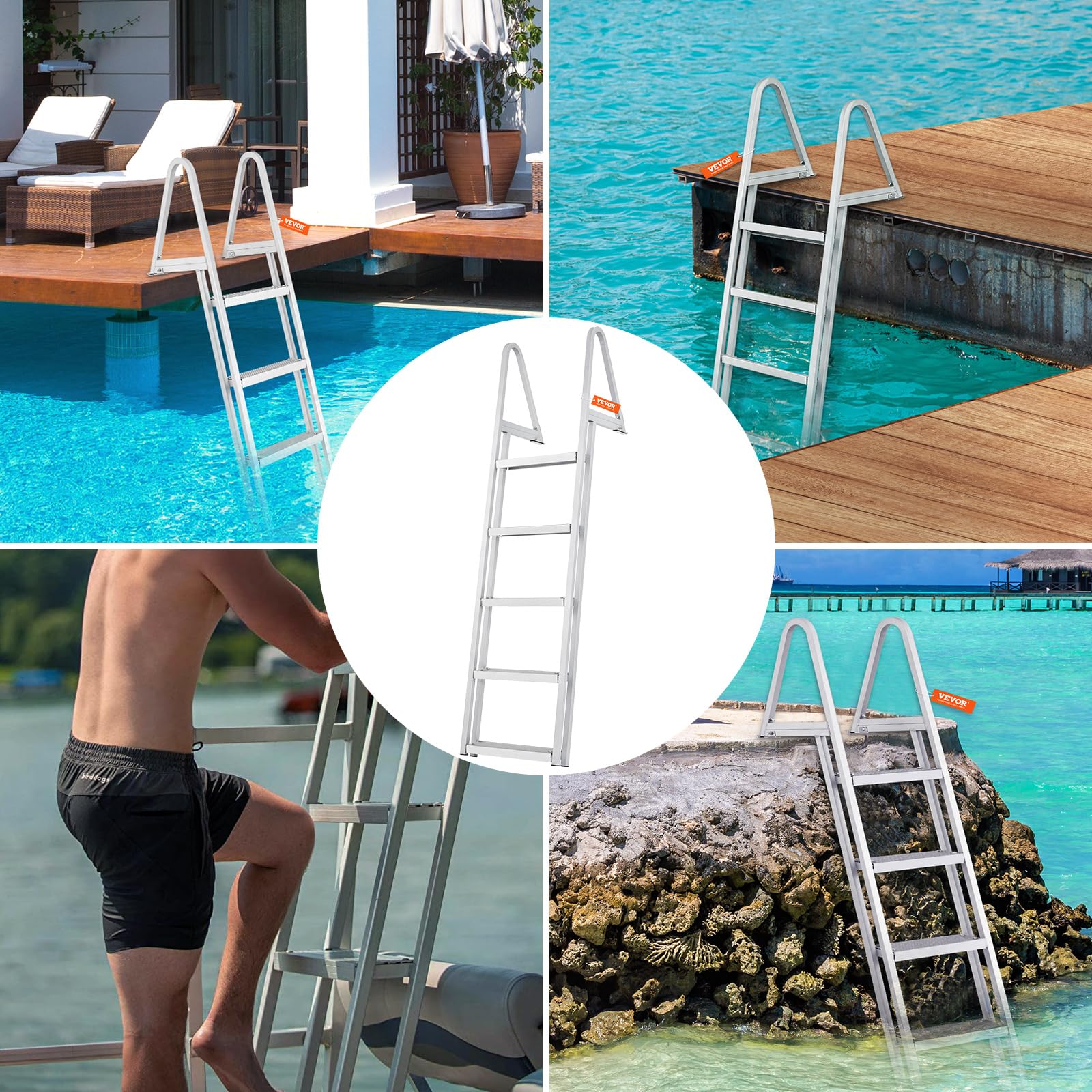 VEVOR Dock Ladder, Removable 5 Steps, 350 lbs Load Capacity, Aluminum Alloy Pontoon Boat Ladder with 4'' Wide Step & Nonslip Mat, Easy to Install for Ship/Lake/Pool/Marine Boarding 🍁 All In One Marketplace Canada