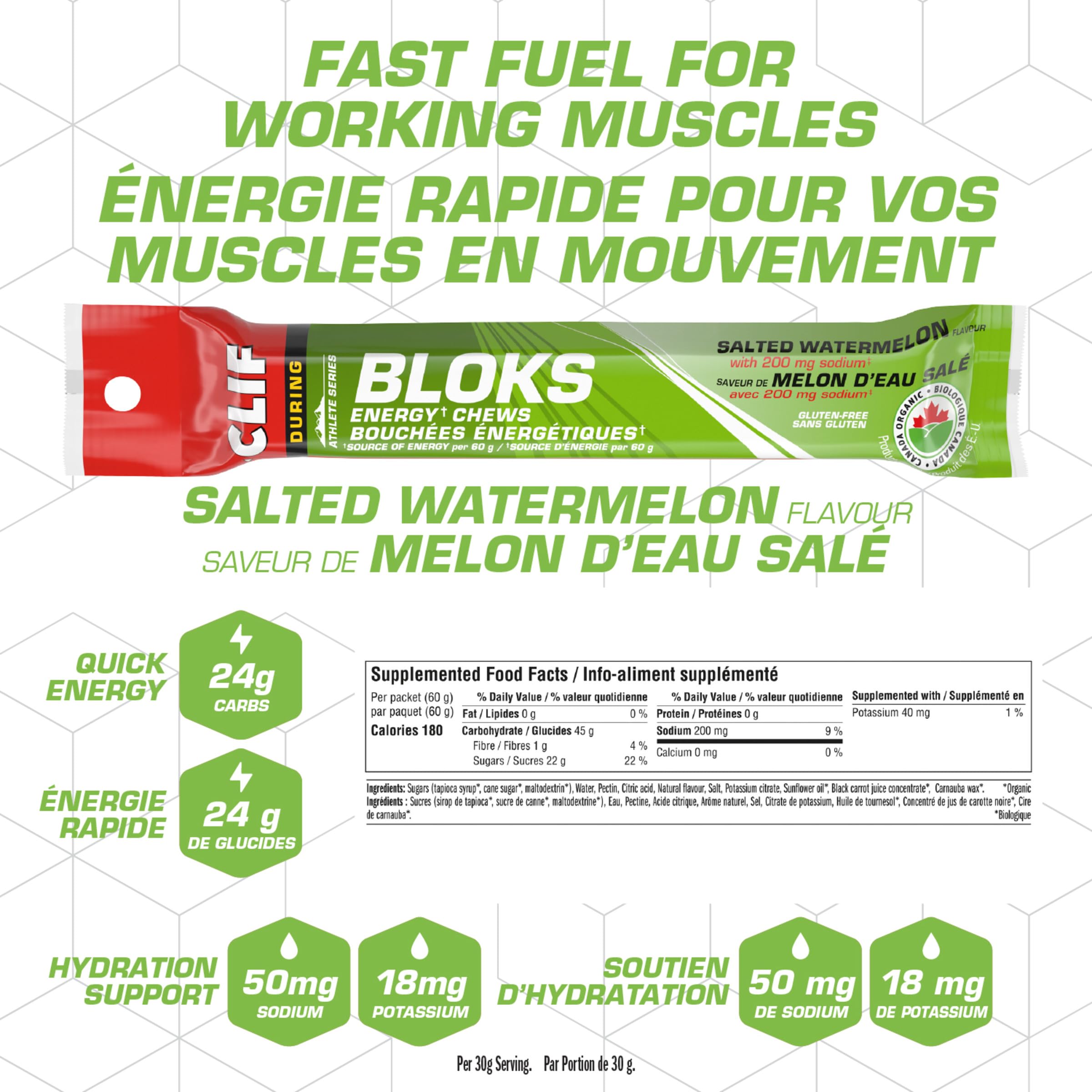 CLIF BLOKS Energy Chews, Salted Watermelon flavour, Gluten Free, Organic, No Artificial Flavours, 60 g (Pack of 18) 🍁 All In One Marketplace Canada
