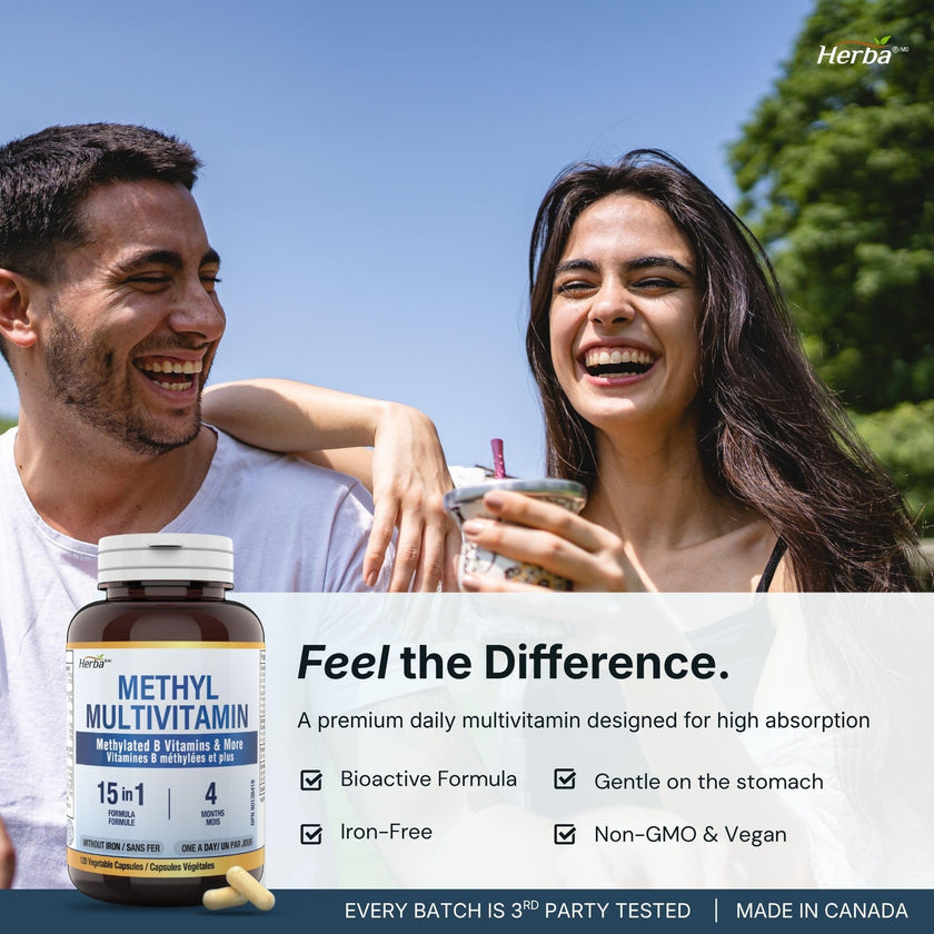 Herba Methylated Multivitamin with 500mg TMG & Methylated B Complex - 120 Capsules | 15 in 1 Formula | B Complex Vitamins for Women & Men including Methyl Folate Supplement | Vegan | Made in Canada 🍁 All In One Marketplace Canada