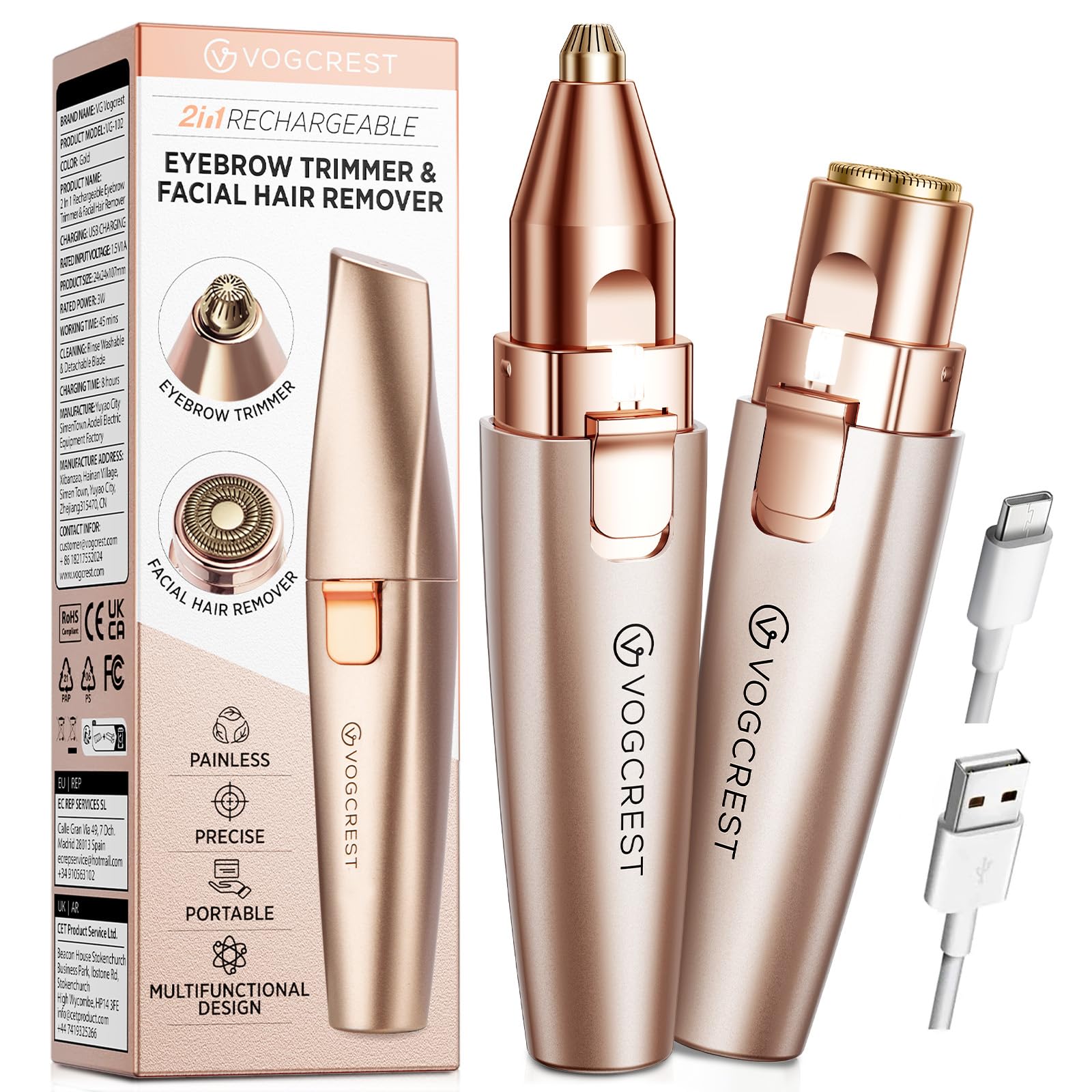 VG VOGCREST Eyebrow Facial Trimmer: 2 in1 Rechargeable Facial Hair Removal and Eyebrow Shaver - Face Lips Body Painless Facial Razor with Built-in LED Light (Rose Gold) 🍁 All In One Marketplace Canada