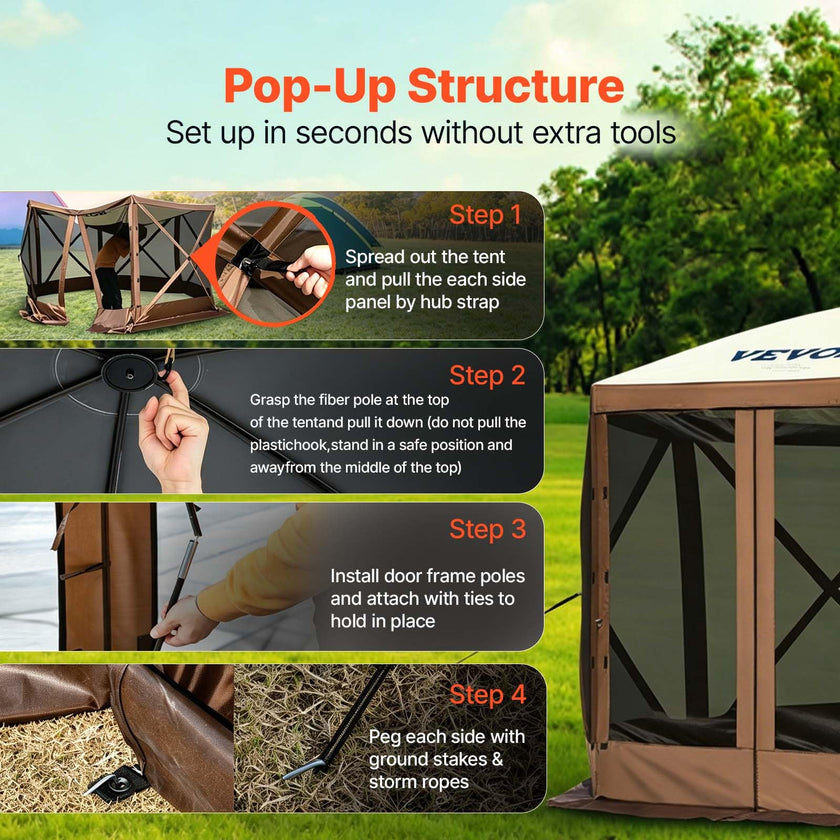 VEVOR Camping Gazebo Tent, 12'x12', 6 Sided Pop-up Canopy Screen Tent for 8 Person Camping, IPX3 Water-Resistant Screen Shelter w/Portable Storage Bag, Ground Stakes, Mesh Windows, Brown & Beige 🍁 All In One Marketplace Canada