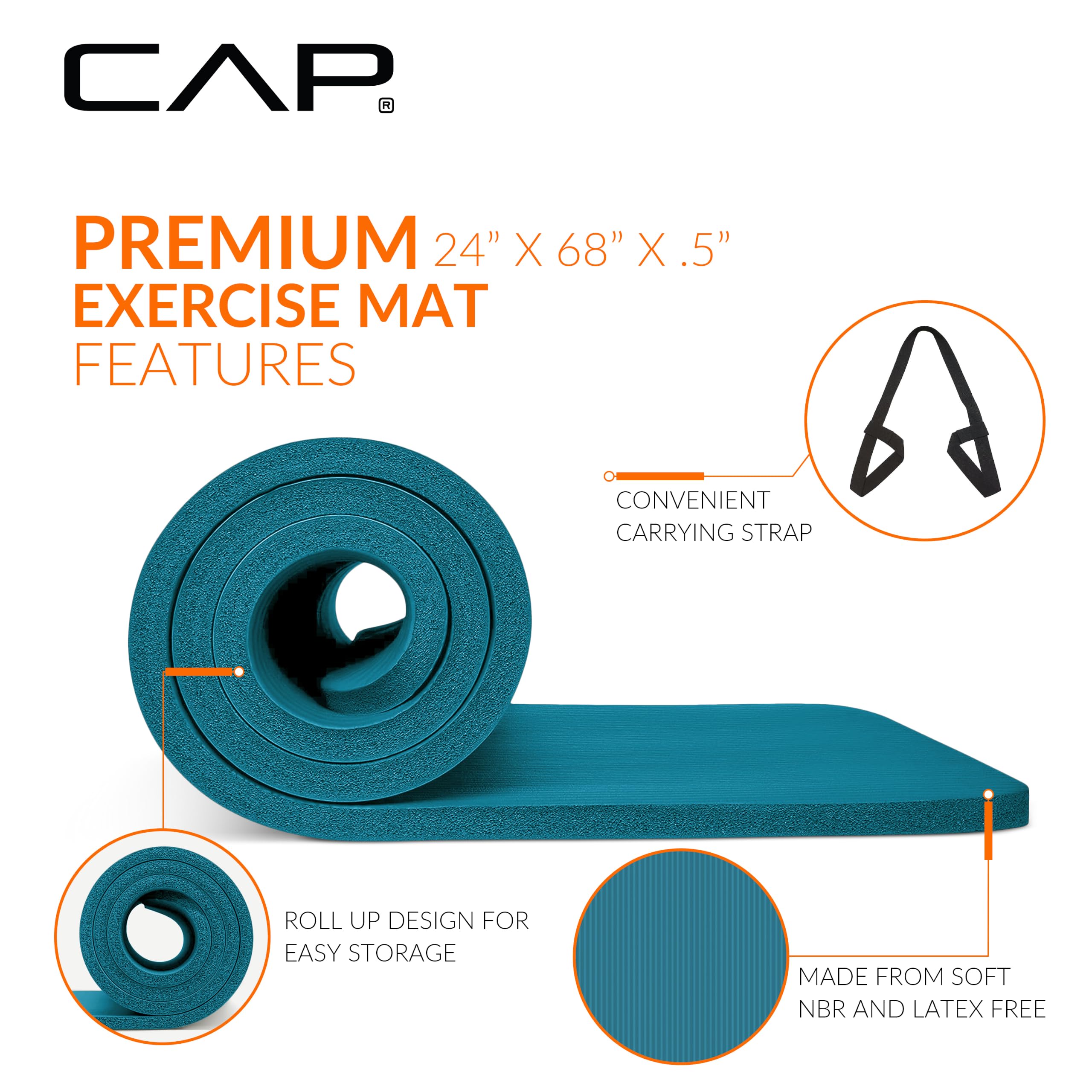 CAP Barbell High Density Exercise Yoga Mat with strap, 68