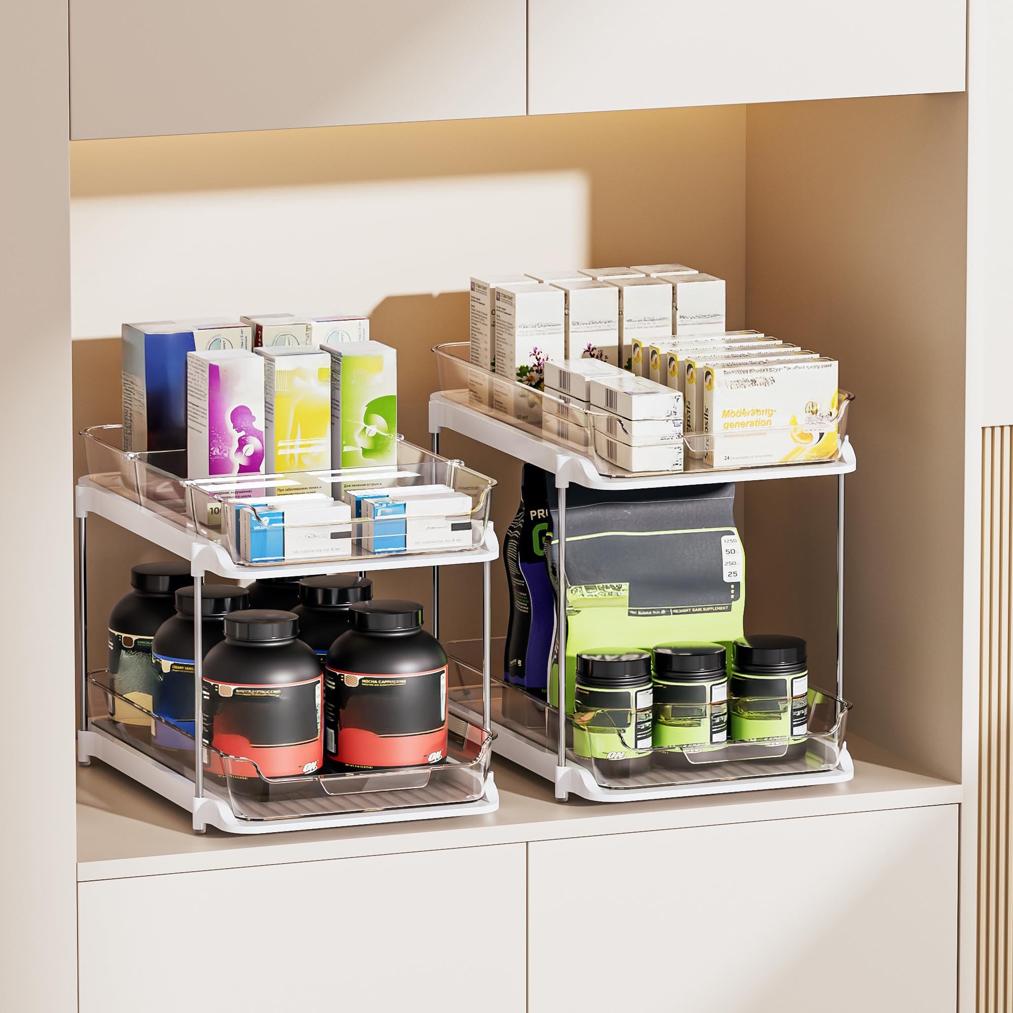 Delamu 2-Tier Multi-Purpose Bathroom Under Sink Organizers and Storage, Stackable Kitchen Pantry Organization, Pull Out Medicine Cabinet Organizer with Movable Dividers, White, 2 Pack 🍁 All In One Marketplace Canada