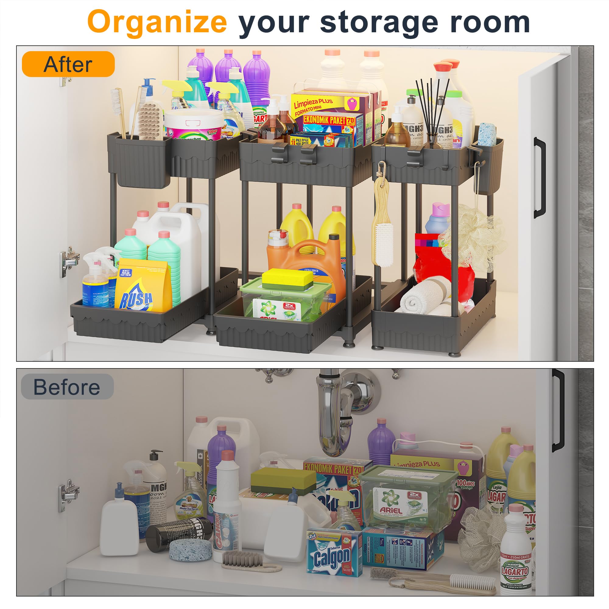 Sevenblue Under Sink Organizer 3 Pack, Bathroom Organizers, 2 Tier Multi-Use kitchen Organizers and Storage with Sliding Drawer, Hang Hooks and Cups, (Black) 🍁 All In One Marketplace Canada