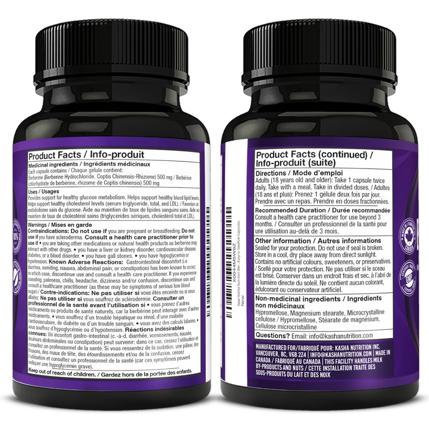 Maximum Strength Berberine Supplement 1000 mg Per Serving (500mg Per Capsule). Supports Healthy Glucose (Blood Sugar) and Lipid (Fats) Metabolism. Non-GMO, Vegan, Gluten-free. Bulk 120 Capsules. Proudly Canadian. Easy to Swallow. Kasha Nutrition