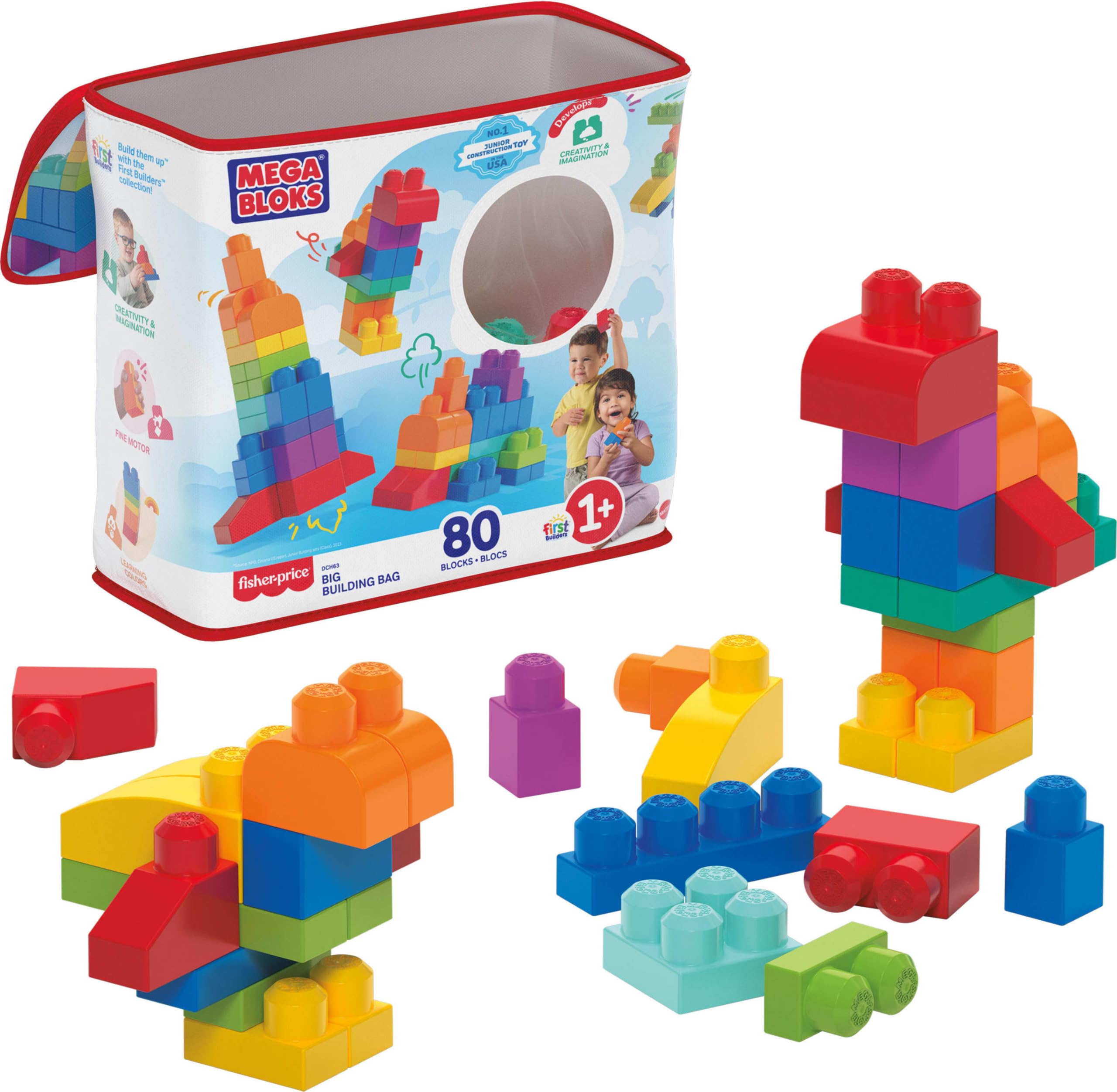 MEGA BLOKS First Builders Toddler Blocks Toys Set, Big Building Bag Collection with 80 Pieces and Storage, Blue, Ages 1+ Years 🍁 All In One Marketplace Canada