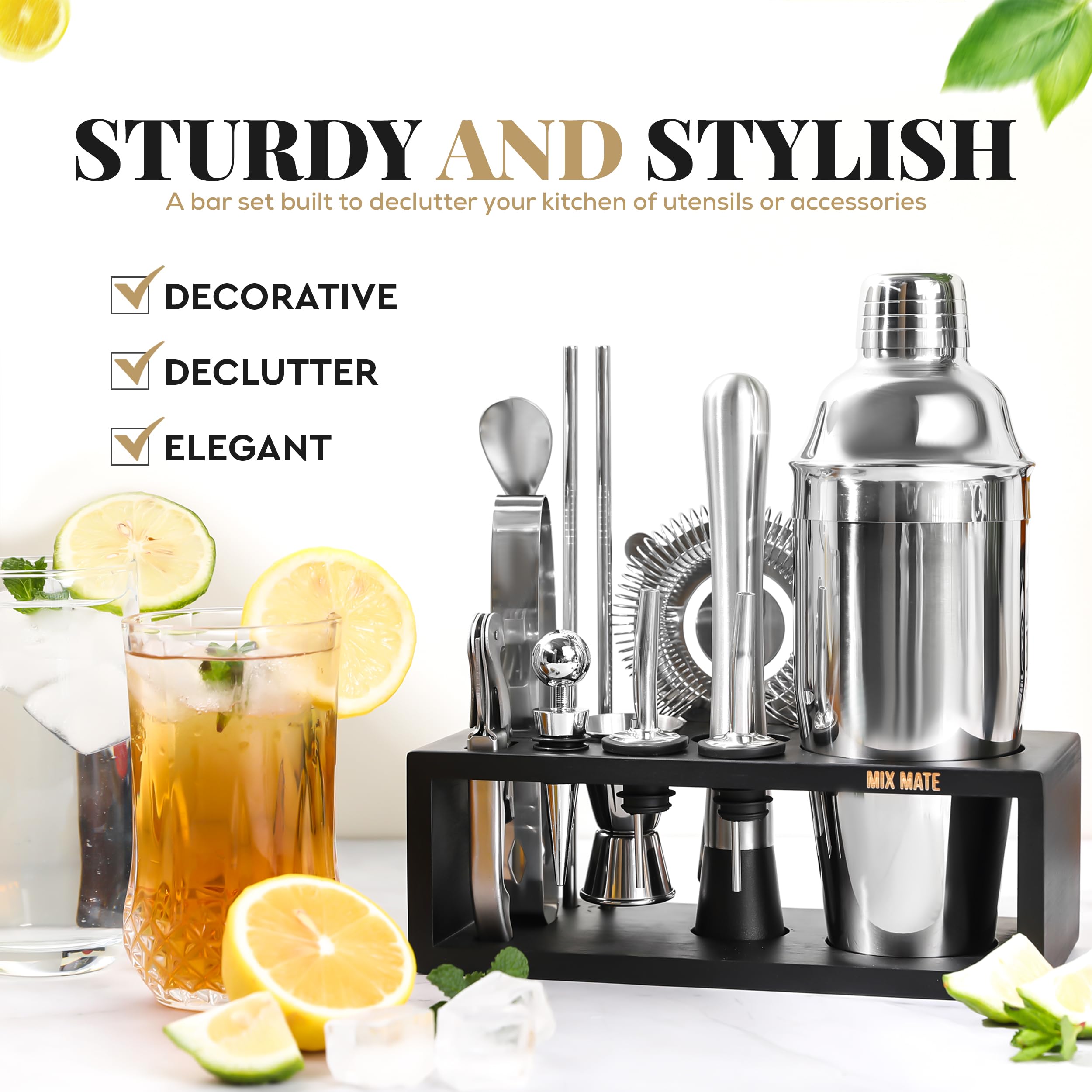Mixology Bartender Kit with Stand | 15 Piece Bar Tool Set, Silver Bar Set Cocktail Shaker Set for Drink Mixing - Includes Martini Shaker, Jigger, Strainer, Bar Mixer Spoon, Tongs | Gift Idea (Silver) 🍁 All In One Marketplace Canada