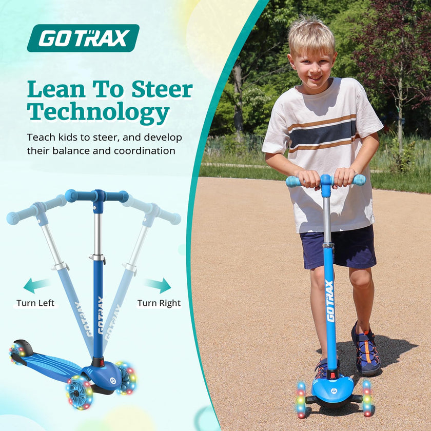 Gotrax KS1 Kids Kick Scooter, LED Lighted Wheels and 3 Adjustable Height Handlebars, Lean-to-Steer & Widen Anti-Slip Deck, 3 Wheel Scooter for Boys & Girls Ages 3+ and up to 50 Kg (Blue) 🍁 All In One Marketplace Canada
