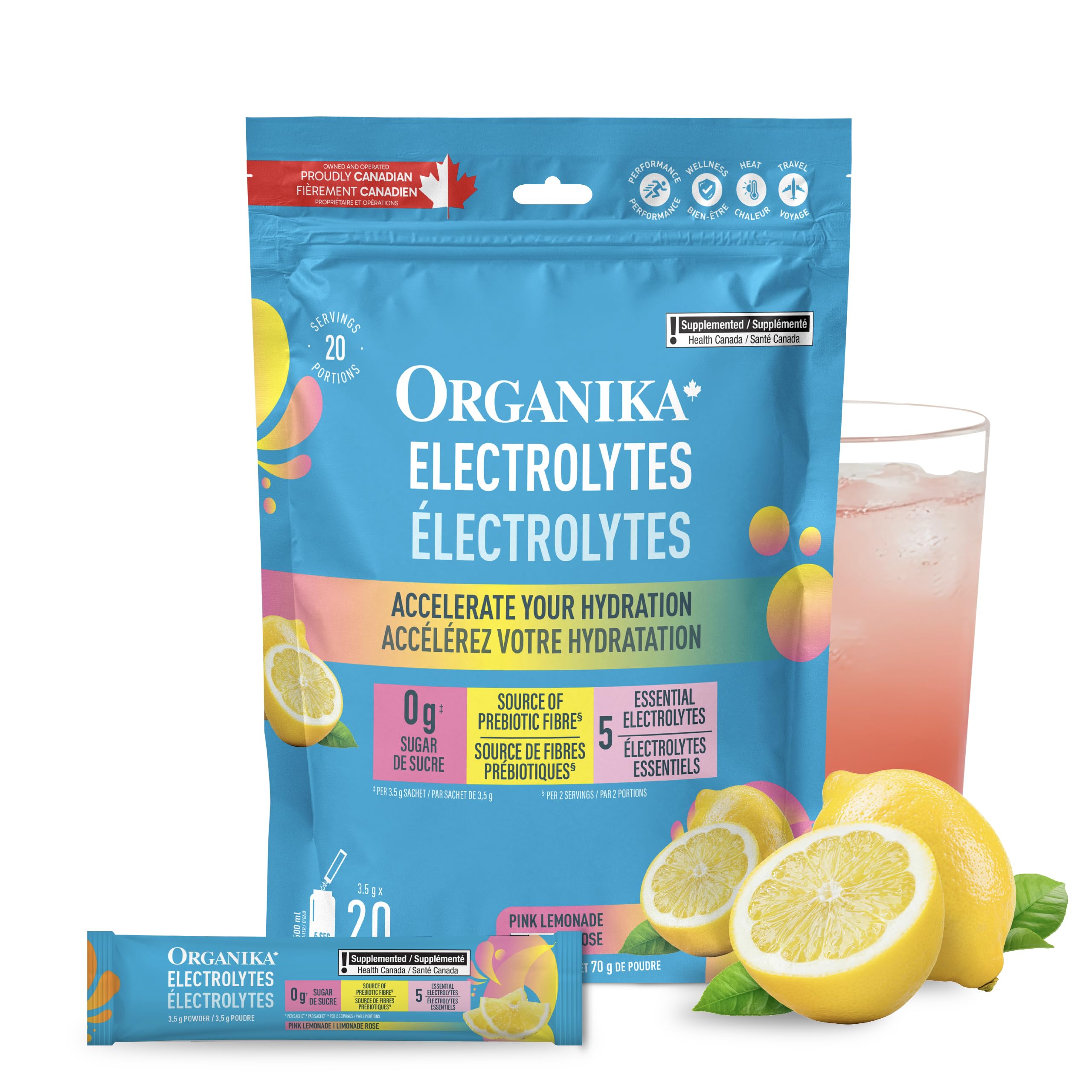 Organika Canadian-Made Electrolytes Powder with Vitamin C & Prebiotic Fibre - Sugar-Free Hydration Drink Mix - Pink Lemonade - 20 Single-Serve Sachets x 3.5g 🍁 All In One Marketplace Canada