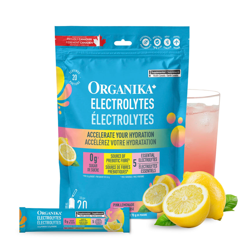 Organika Canadian-Made Electrolytes Powder with Vitamin C & Prebiotic Fibre - Sugar-Free Hydration Drink Mix - Pink Lemonade - 20 Single-Serve Sachets x 3.5g 🍁 All In One Marketplace Canada