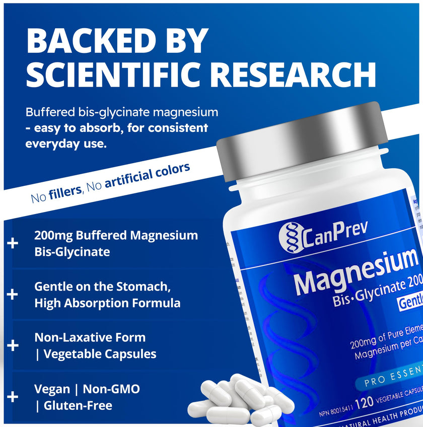 CanPrev Magnesium Bis-Glycinate Gentle 200mg, 120 V-Caps 120-Day Supply - Pure Elemental Magnesium Supplement, Supports Bone and Muscle Function, Gentle on Stomach, Perfect for Daily Magnesium Needs 🍁 All In One Marketplace Canada
