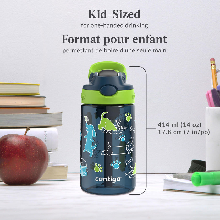 Contigo Kids Aubrey Straw Water Bottle with Leak-Proof Lid, BPA-Free Plastic, Dishwasher Safe, Lime with Dogs, 14 oz (414 mL) 🍁 All In One Marketplace Canada