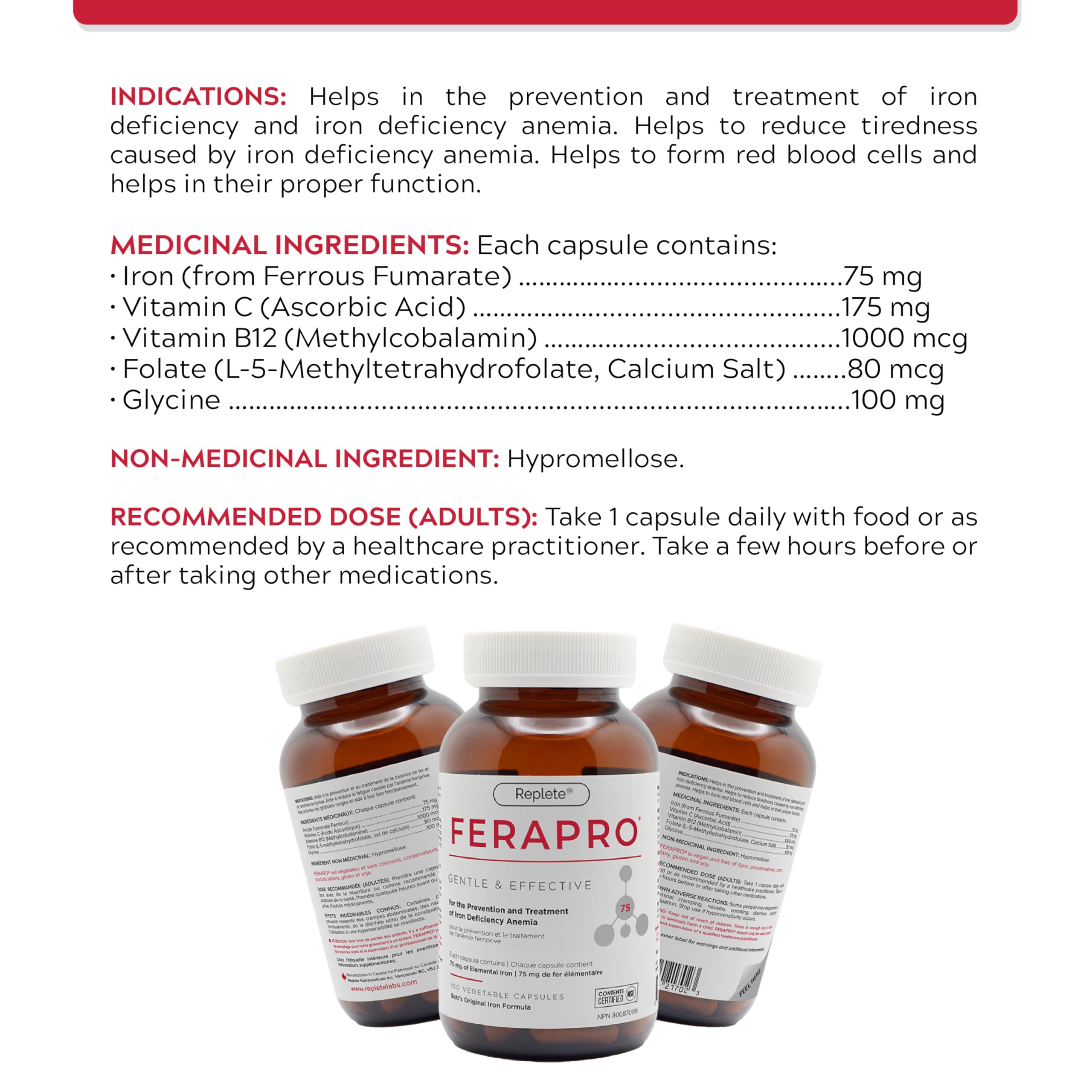 FERAPRO 75 Targeted Iron Support 75 mg Elemental Iron with Vitamin C Methylcobalamin 5-MTHF Glycine 100 Capsules Vegan Clean Label 🍁 All In One Marketplace Canada