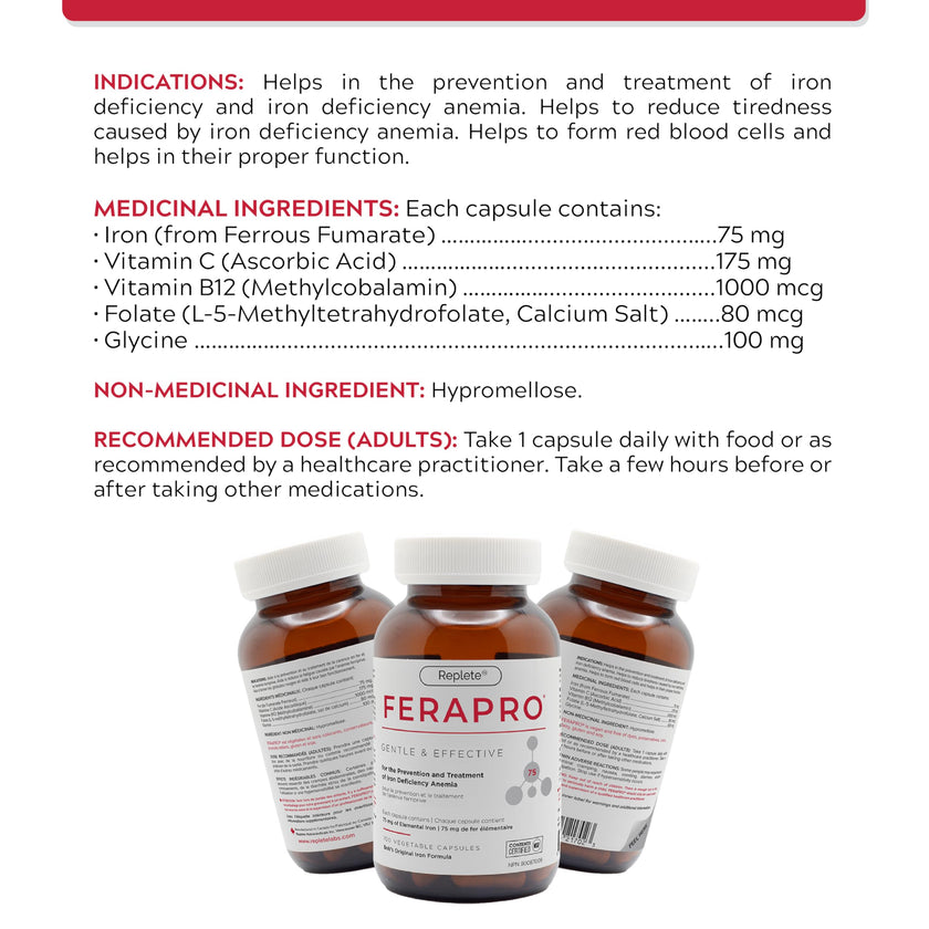 FERAPRO 75 Targeted Iron Support 75 mg Elemental Iron with Vitamin C Methylcobalamin 5-MTHF Glycine 100 Capsules Vegan Clean Label 🍁 All In One Marketplace Canada