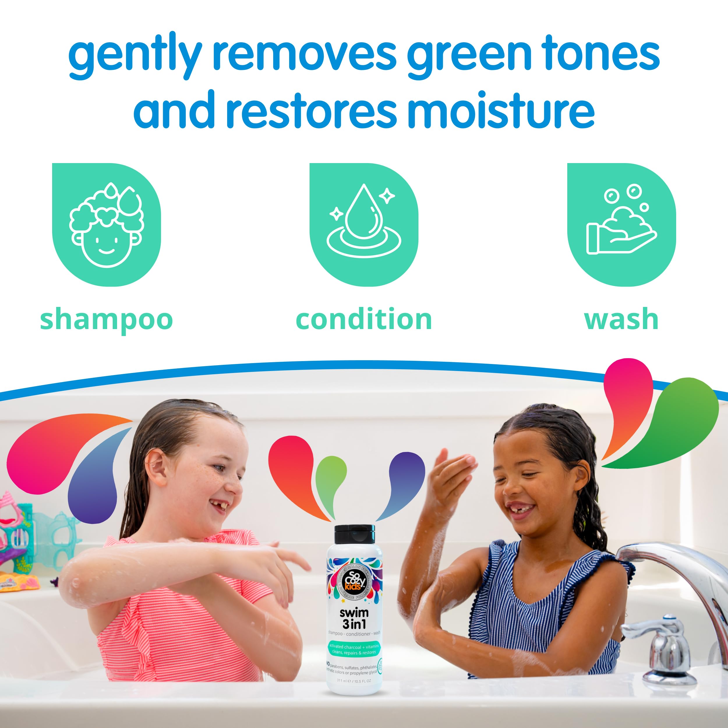 SoCozy Kids Swim 3-in-1 Shampoo, Conditioner & Body Wash - 3-in-1 Combo Pool Shampoo & Conditioner for Swimmers - Salt & Chlorine Removing Activated Charcoal for Toddler & Kids Hair After Swimming 🍁 All In One Marketplace Canada