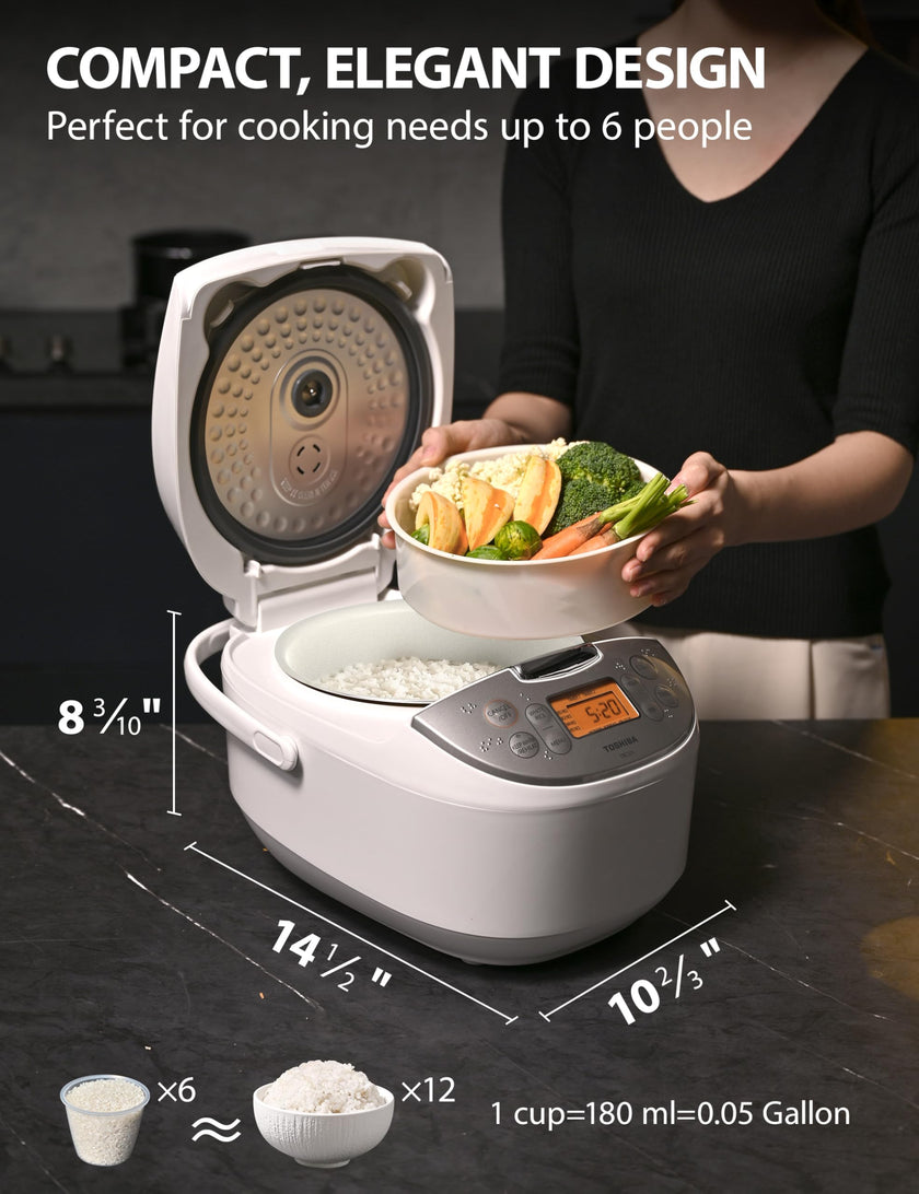 Toshiba Rice Cooker 6 Cup Uncooked – Japanese Rice Cooker with Fuzzy Logic Technology, 7 Cooking Functions, Digital Display, 2 Delay Timers and Auto Keep Warm, Non-Stick Inner Pot, White 🍁 All In One Marketplace Canada