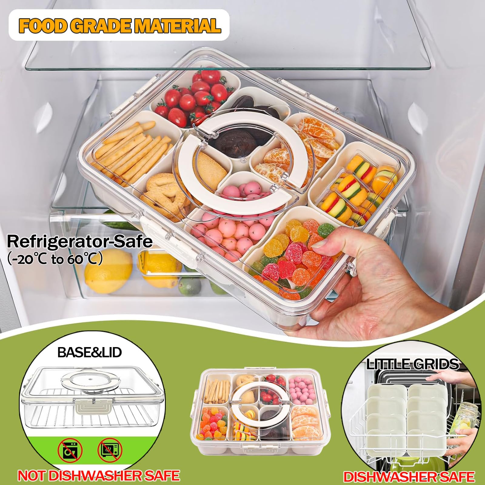 KIGITIONE Divided Snackle Box, 8 Compartments Portable Serving Tray with Lid and Handle, Clear Snack Platter Organizer for Fruits, Snacks, Nuts, Candy, Ideal for Party, Travel & Picnics 🍁 All In One Marketplace Canada