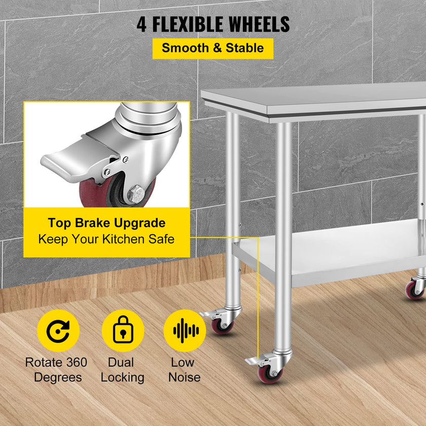 VEVOR 36x24x33.5 inch Stainless Steel Work Table with Wheels Prep Table with casters Heavy Duty Work Table for Commercial Kitchen Restaurant Business Garage 350 lb Capacity 🍁 All In One Marketplace Canada