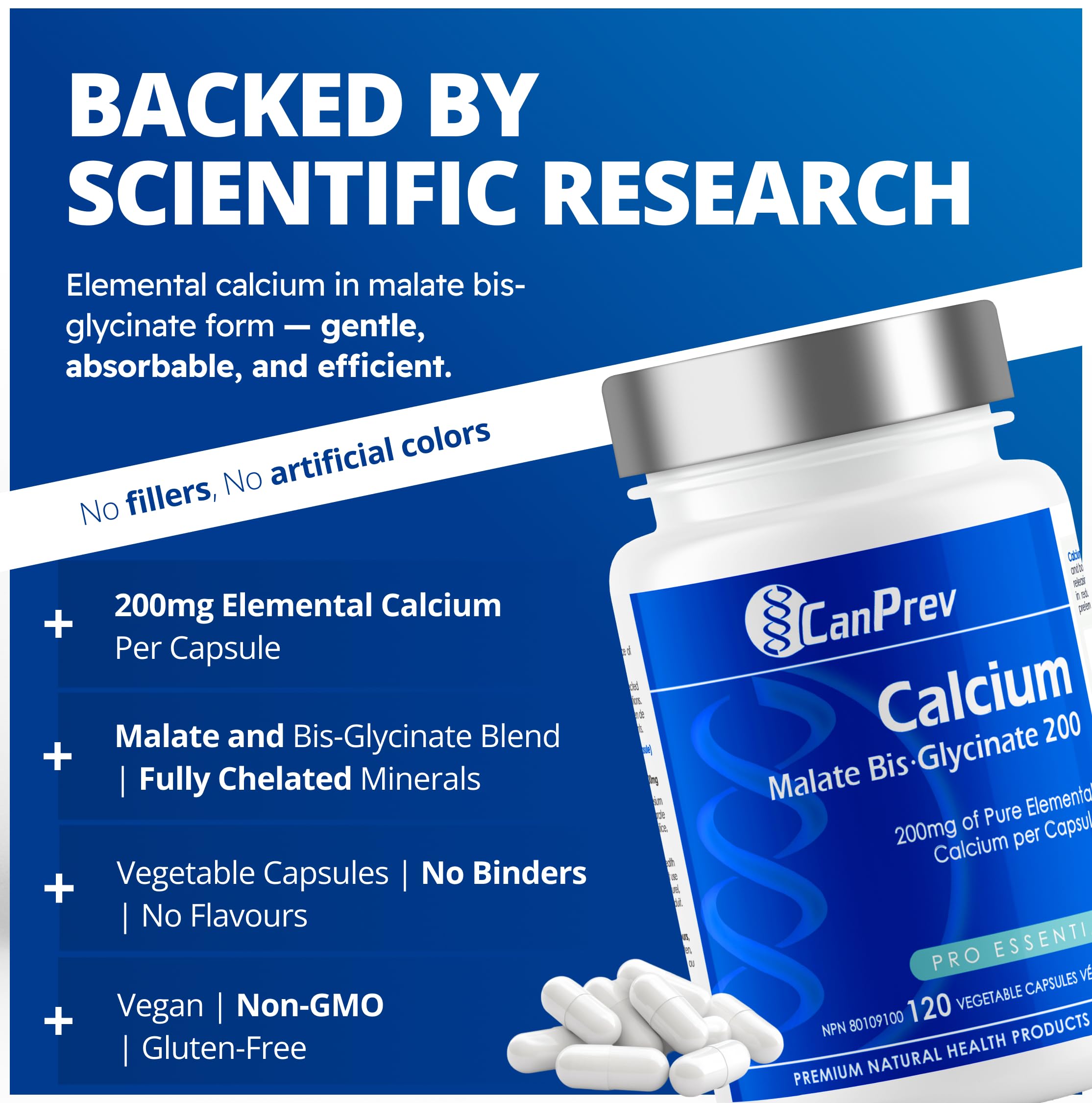CanPrev Calcium Malate Bis-Glycinate Supplement, 120 Capsules 120-Day Supply - Therapeutic 200mg Elemental - Ideal for Healthy Bones, Teeth, Muscle Cramps and Promote Relaxation - Vegan and Non-GMO 🍁 All In One Marketplace Canada