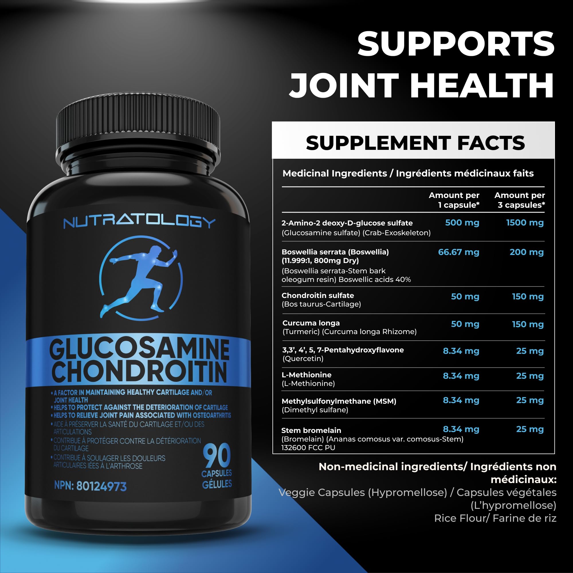 Nutratology® Glucosamine Joint Supplement with Chondroitin, MSM & Turmeric | Canadian-Made | Joint Pain Relief Supplements - 1500MG Glucosamine - Supports Healthy Joints & Cartilage - 90 Capsules 🍁 All In One Marketplace Canada