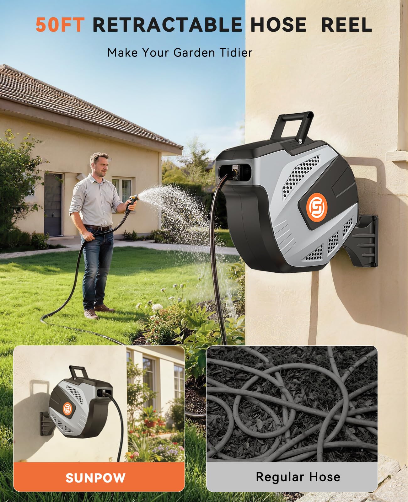 SUNPOW Retractable Garden Hose Reel - 1/2 inch x 50ft Wall Mounted Hose Reel with 3/4 inch Brass Fitting & 10 Function Sprayer Nozzle - Any Length Lock, Auto Rewind System, 180°Swivel Bracket - Grey 🍁 All In One Marketplace Canada
