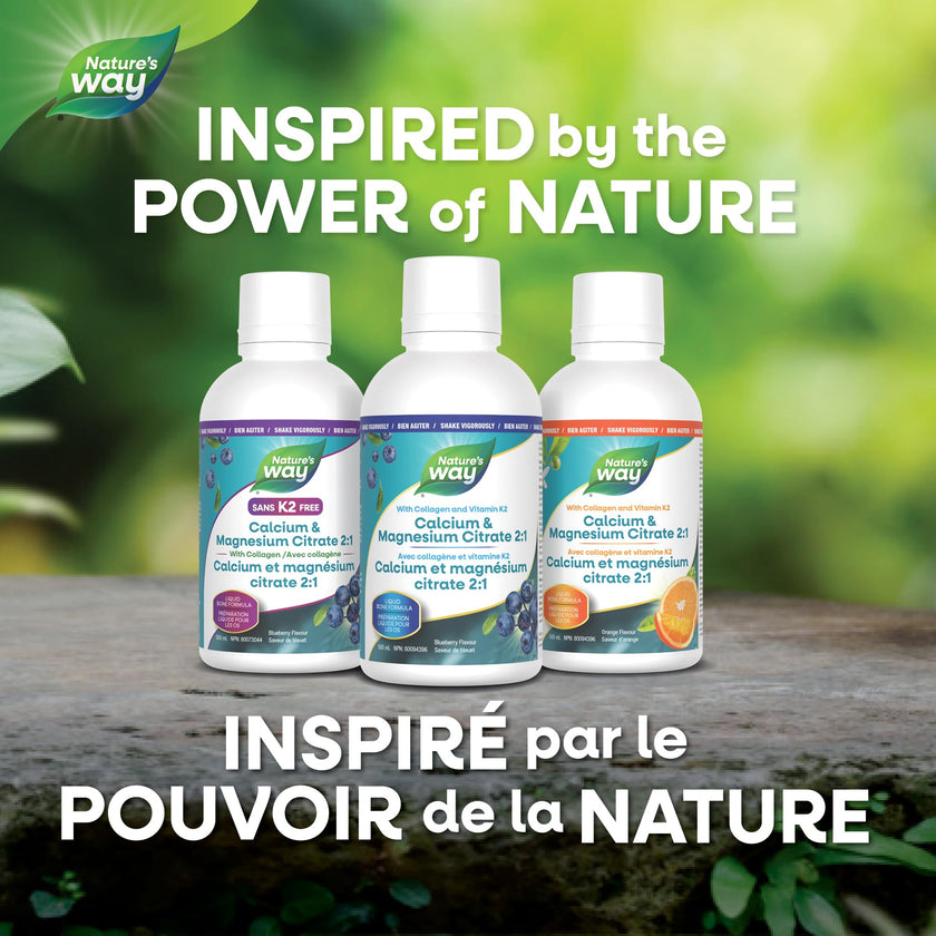 Nature's Way Calcium and Magnesium Citrate 2:1 - Liquid Supplement with Vitamin K2 and Collagen – Helps Support the Maintenance of Bones and Teeth – Blueberry Flavour, 500 mL 🍁 All In One Marketplace Canada