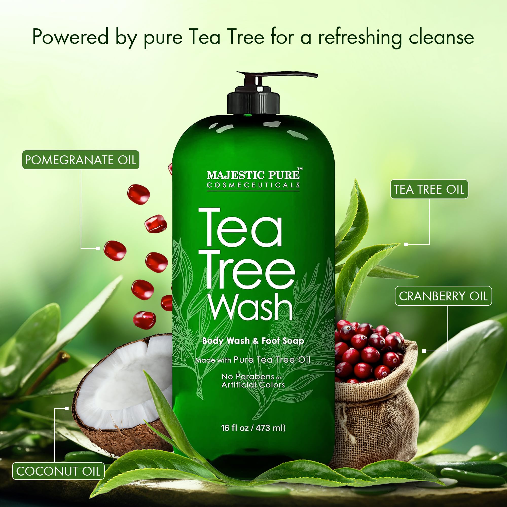 MAJESTIC PURE Tea Tree Body Wash with Collagen - Helps Nail Fungus, Athletes Foot, Ringworms, Jock Itch, Acne, Eczema & Body Odor - Soothes Itching - (Packaging May Vary), 16 fl oz 🍁 All In One Marketplace Canada