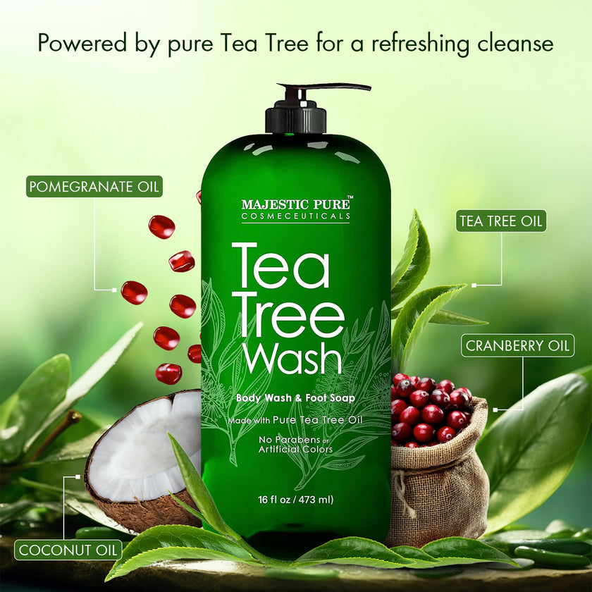 MAJESTIC PURE Tea Tree Body Wash with Collagen - Helps Nail Fungus, Athletes Foot, Ringworms, Jock Itch, Acne, Eczema & Body Odor - Soothes Itching - (Packaging May Vary), 16 fl oz 🍁 All In One Marketplace Canada