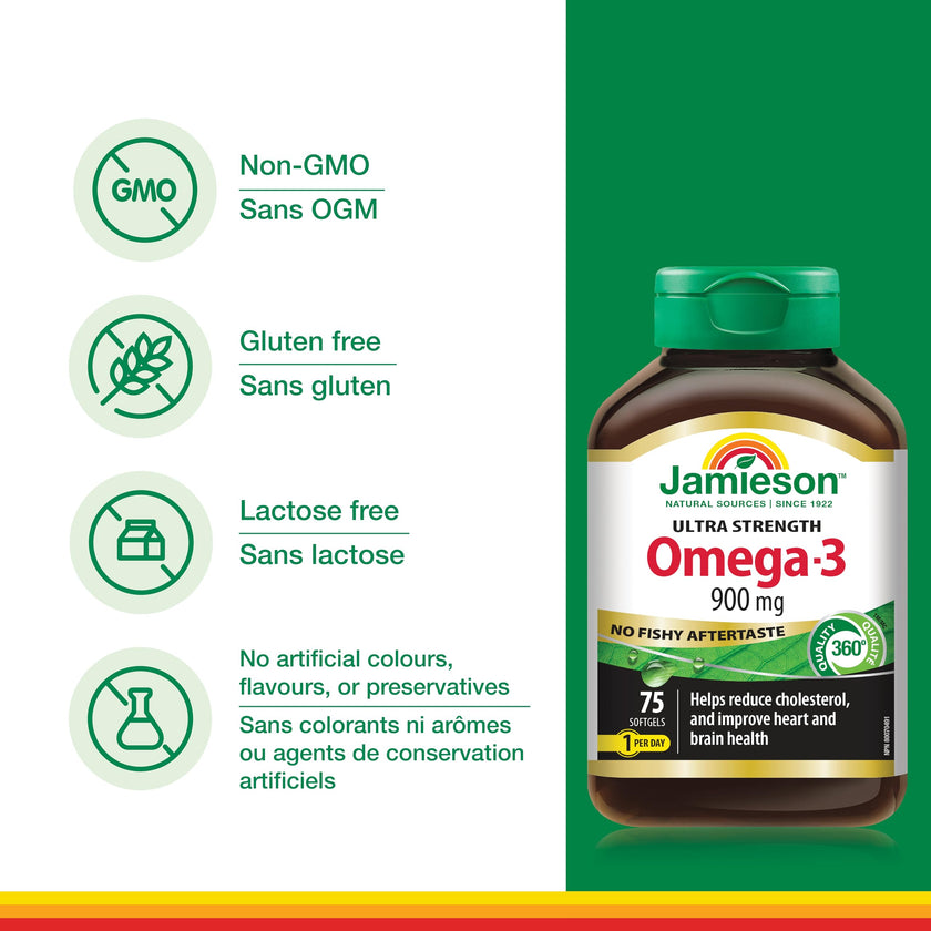 Jamieson Ultra-Strength Omega-3 900 mg, No Fishy Aftertaste, Supports Heart, Brain, and Eye Health, Arthritis Support. High Potency, with EPA and DHA, Non-GMO, Gluten-Free, 75 Softgels, Proudly Canadian 🍁 All In One Marketplace Canada