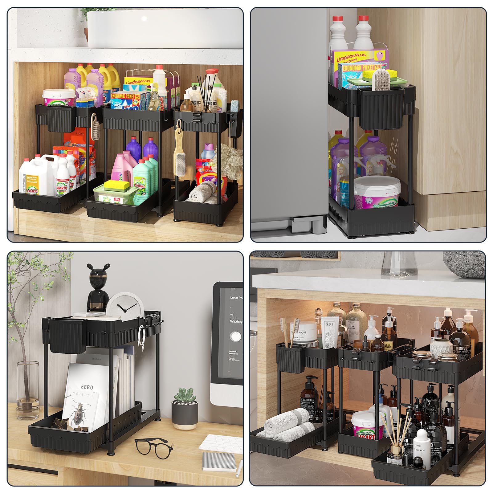 Sevenblue Under Sink Organizer 3 Pack, Bathroom Organizers, 2 Tier Multi-Use kitchen Organizers and Storage with Sliding Drawer, Hang Hooks and Cups, (Black) 🍁 All In One Marketplace Canada