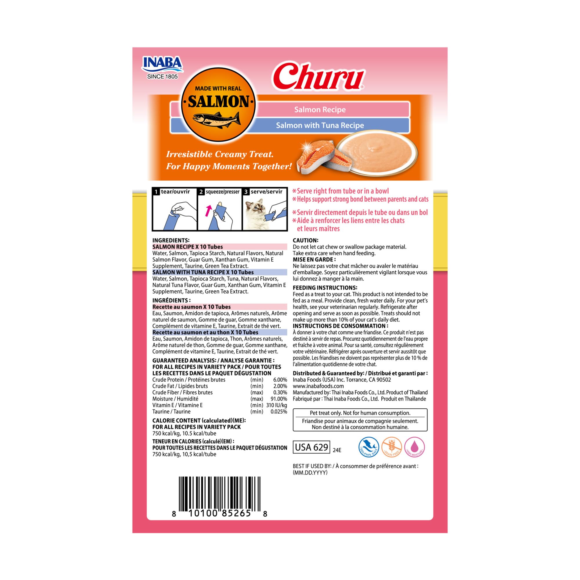 INABA Salmon Churu Cat Treats, Lickable, Squeezable Creamy Purée Cat Treat with Green Tea Extract & Taurine, 14 Grams Each Tube, 20 Tubes, Salmon & Tuna Variety Box 🍁 All In One Marketplace Canada