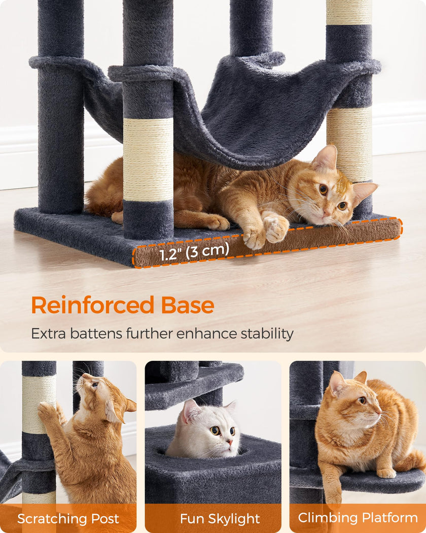 Feandrea Cat Tree Tower, 155 cm Multi-Level Cat Condo with 5 Scratching Posts, 2 Perches, 2 Caves, Hammock, 2 Pompoms, Smoky Gray UPCT192G01 🍁 All In One Marketplace Canada