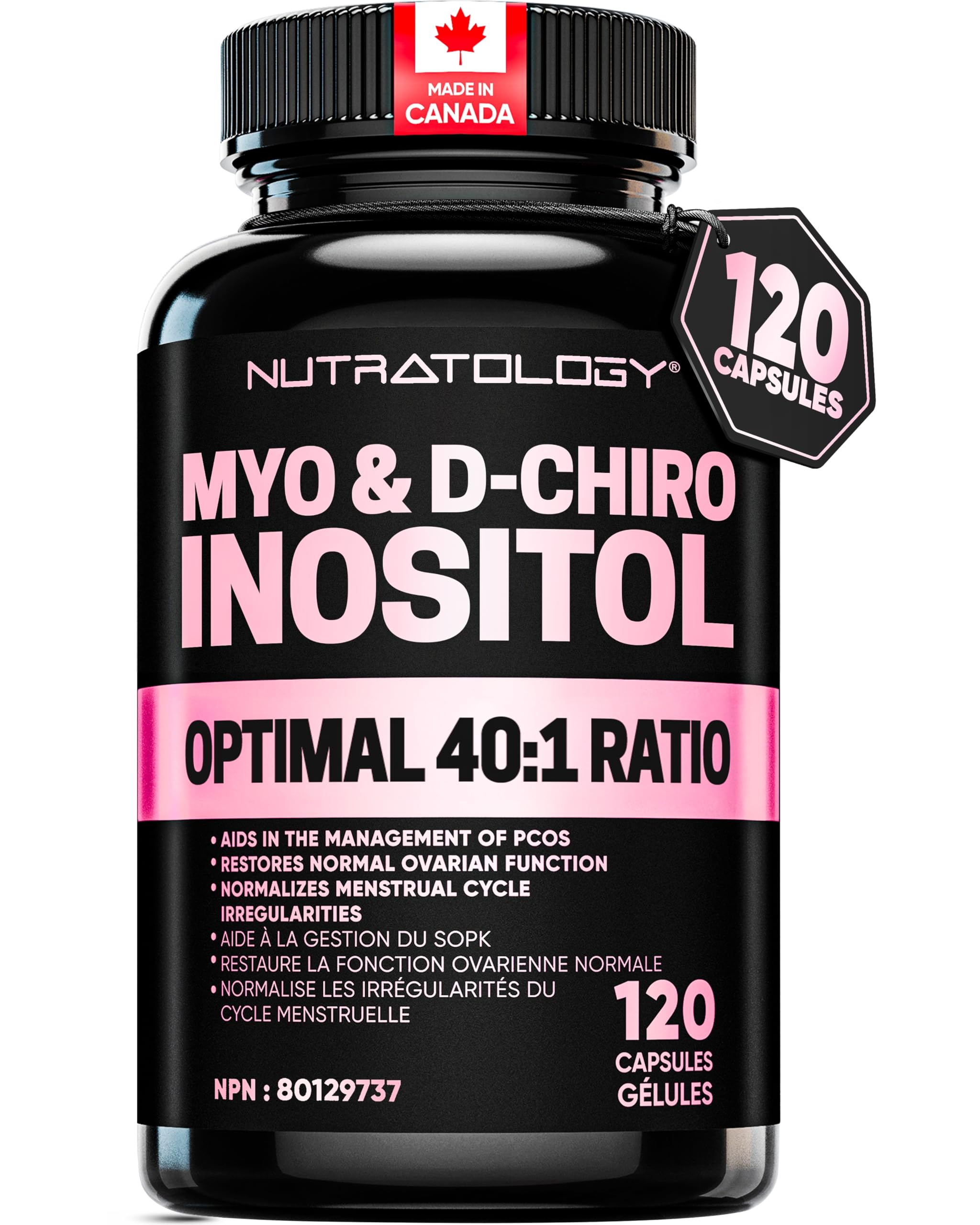 Nutratology® Myo-Inositol & D-Chiro Inositol Capsules - PCOS Supplement for Women - Optimal 40:1 Ratio - For Hormonal Balance & Healthy Ovarian Function - Regulates Menstrual Cycle - 120 Capsules 🍁 All In One Marketplace Canada