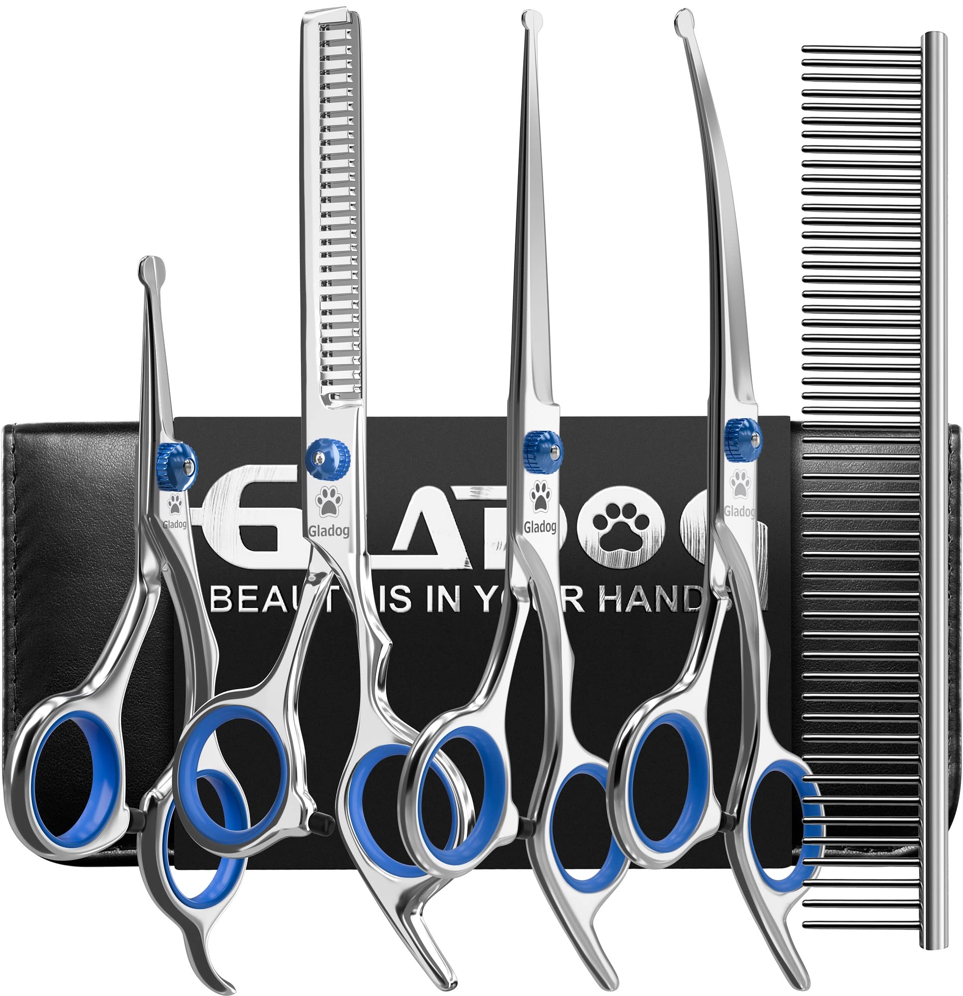 GLADOG Dog Grooming Scissors Kit with Safety Round Tips, Professional 6 in 1 Grooming Scissors for Dogs, Sharp and Durable Dog Shears for Dogs Cats Pets 🍁 All In One Marketplace Canada