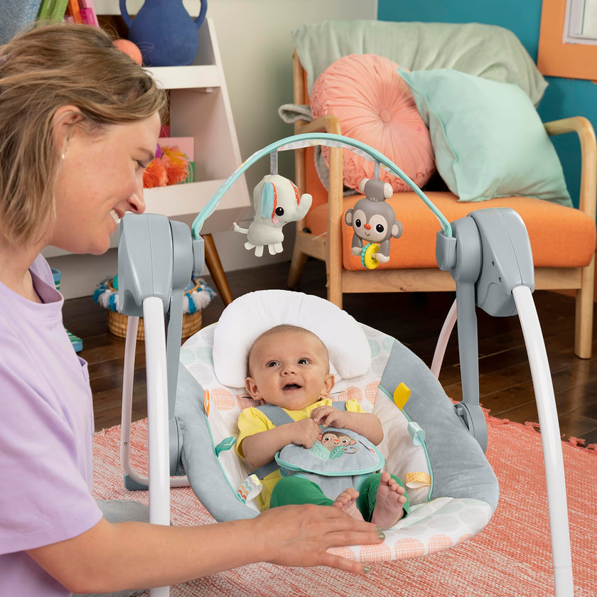Bright Starts Portable Automatic 6-Speed Baby Swing, Compact Easy-Fold, Music, Toy Bar, 0-9 Months 6-20 lbs (Whimsical Wild) 🍁 All In One Marketplace Canada