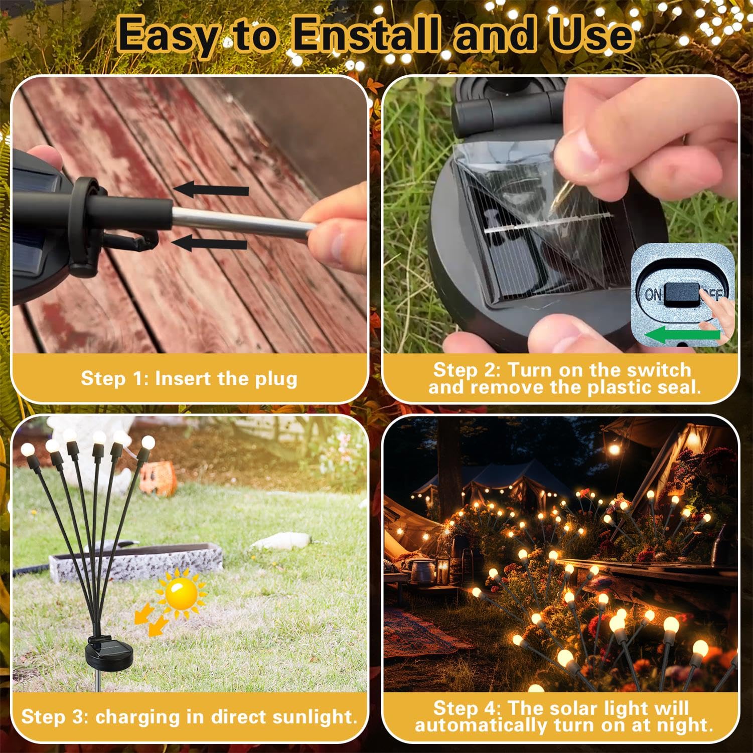 SIOTMERA 4Count Solar Lights Outdoor Waterproof IPX5, Solar Garden Lights, Wind Swaying Firefly Lights, Christmas Lights Outdoor, for Yard Lawn Pathway Decoration Lighting, 6LED WarmYellow 🍁 All In One Marketplace Canada