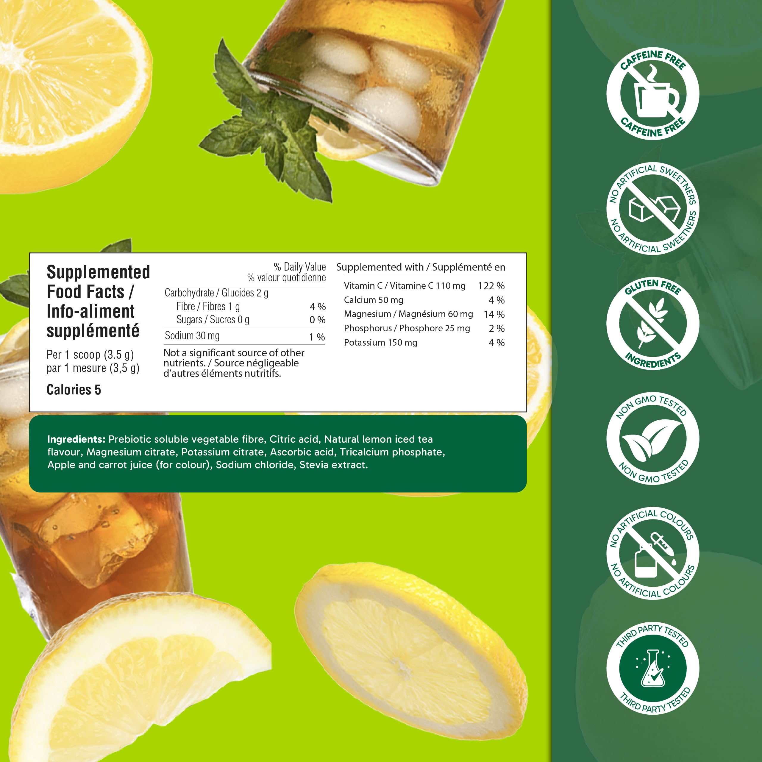 Organika Canadian-Made Electrolytes Powder with Vitamin C & Prebiotic Fibre - Sugar-Free Hydration Drink Mix - Lemon Iced Tea - 210 g - 60 servings 🍁 All In One Marketplace Canada