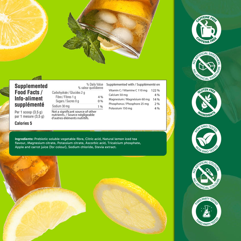 Organika Canadian-Made Electrolytes Powder with Vitamin C & Prebiotic Fibre - Sugar-Free Hydration Drink Mix - Lemon Iced Tea - 210 g - 60 servings 🍁 All In One Marketplace Canada